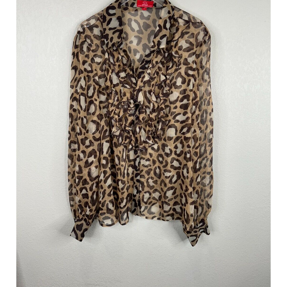 Oscar Women's Leopard Print Ruffle Tunic Top‎ Long Sleeve Tan Brown Size 16